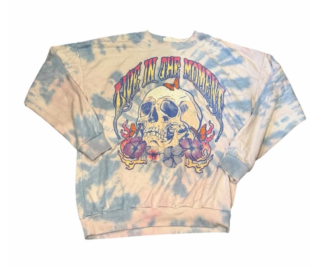 Live in the Moment Sweater Pullover Large 11-13 Tie Dye Skull Retro Boho
